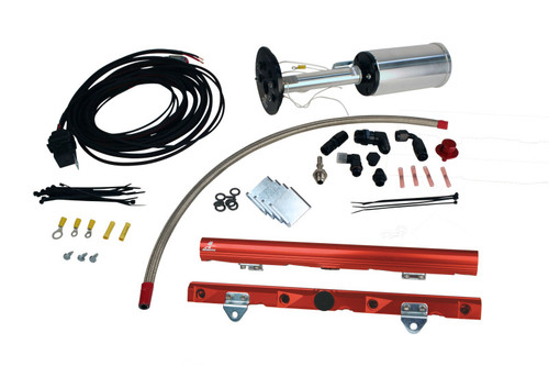 Aeromotive C6 Corvette fuel system, Eliminator pump, red LS7 rails, wire kit and fittings laid out flat