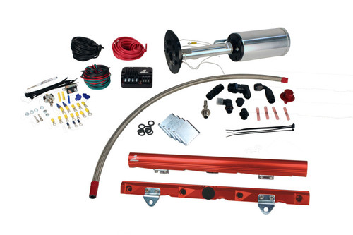 Aeromotive C6 Corvette fuel system kit with Eliminator pump, red LS7 fuel rails, wiring, fittings, PSC