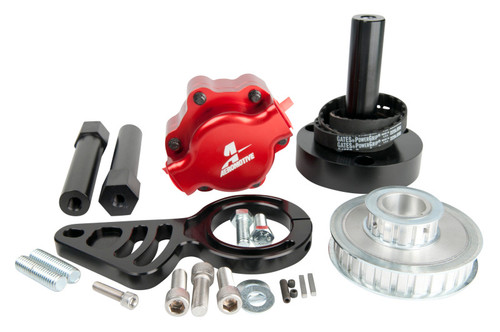Aeromotive Big Block Chevy belt drive pump kit, red bracket, pulleys, hardware and mounting bolts shown