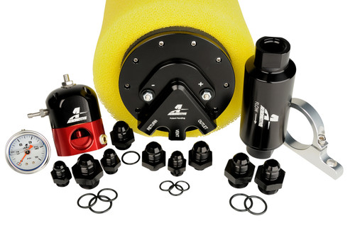 Aeromotive Phantom 340 return style carb fuel system kit with regulator, gauge, fittings, and yellow filter sock