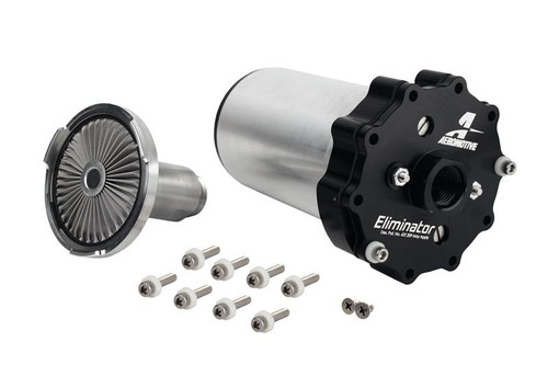 Aeromotive Eliminator fuel pump module with fuel cell pickup, mounting screws laid out beside black billet housing