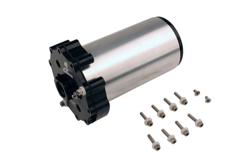 Aeromotive Eliminator fuel pump module without pickup, angled view showing black mounting flange, silver cylindrical body and included mounting