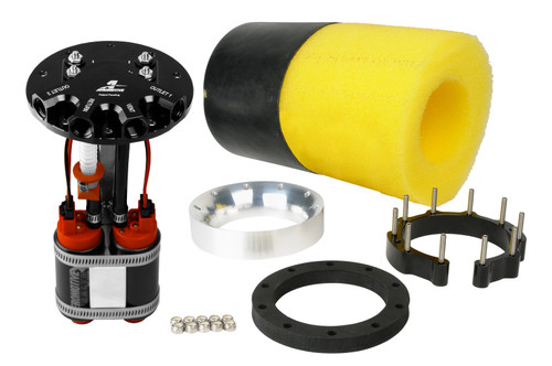 Aeromotive Phantom Dual 340 fuel pump kit with foam collar, mounting ring, bracket and hardware laid out