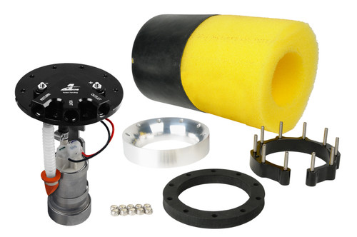 Aeromotive Phantom 450 fuel pump kit, top down view showing pump module, foam sleeve, mounting ring, and hardware