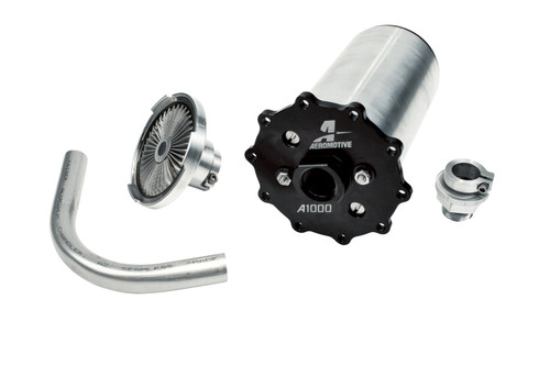 Aeromotive A1000 in-tank stealth fuel pump kit with bent hose, filter sock, and fittings shown