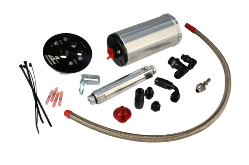 Aeromotive Eliminator in-tank fuel system kit, pump, filter, black mount plate, hose, fittings, zip ties