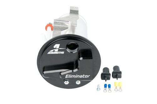 Aeromotive Eliminator in-tank fuel pump assembly, front view showing black housing, bracket, wiring connectors and hardware.