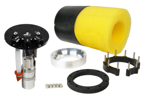 Aeromotive Phantom 200 fuel system kit, showing pump module, foam filter sock, mounting ring and hardware