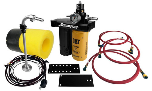 Aeromotive fuel pump kit for 01-10 Duramax, showing filter housing, gauge, red hoses, sender and brackets