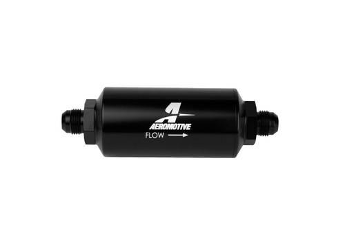 Aeromotive AN-08 in-line fuel filter, black anodized body, male fittings both ends, flow arrow label
