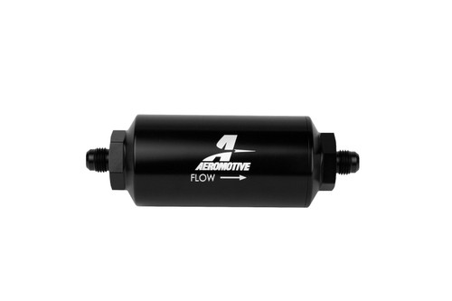 Aeromotive AN-6 in-line fuel filter, black anodized cylindrical body with AN-6 male fittings on both ends, flow arrow visible