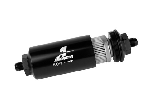 Aeromotive AN-6 in-line fuel filter, black anodized body, angled view showing stainless mesh element and fittings