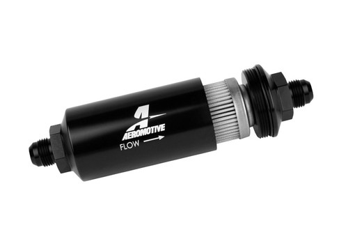 Aeromotive AN-8 in-line fuel filter, black anodized body with visible stainless mesh element, flow arrow label