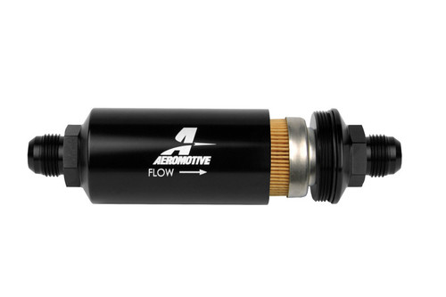 Aeromotive AN-10 inline fuel filter, black anodized body, visible fabric element, flow arrow marking, dual AN fittings.