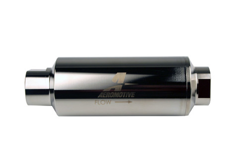 Aeromotive Pro-Series ORB-12 inline fuel filter, side view showing flow direction and ORB fittings