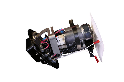 Aeromotive Dodge Hellcat dual fuel pump assembly, angled view showing wiring, fittings and mounting flange