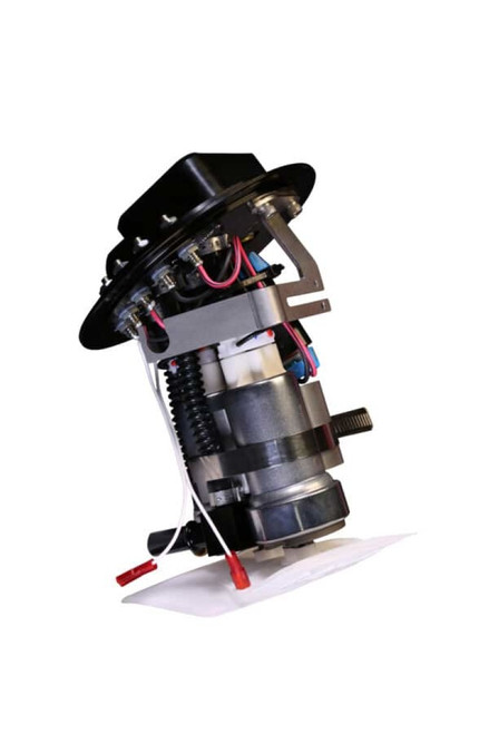 Aeromotive 450 triple fuel pump assembly, angled side view showing wiring, fittings and mounting flange