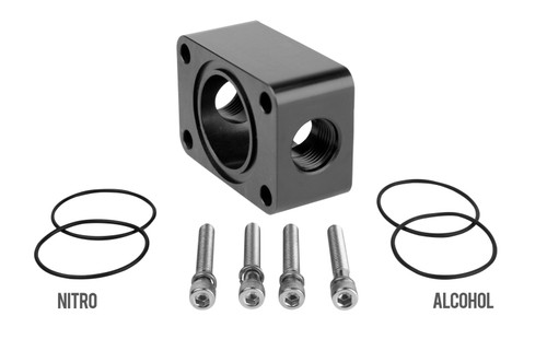 Aeromotive Spur Gear Pump Distribution Block 2x AN-06 shown at an angle with mounting bolts and O-rings labeled Nitro and Alcohol