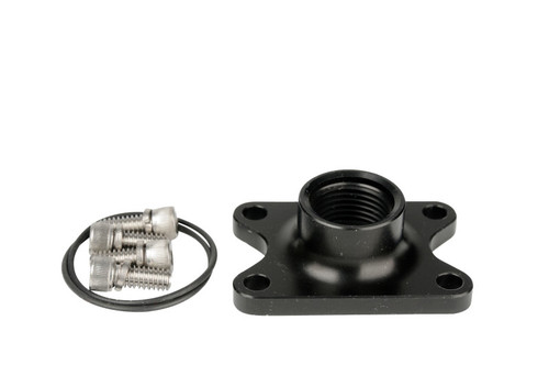 Aeromotive Spur Gear Pump Outlet AN-10 Port, black flanged fitting with mounting bolts and O-ring shown separately.