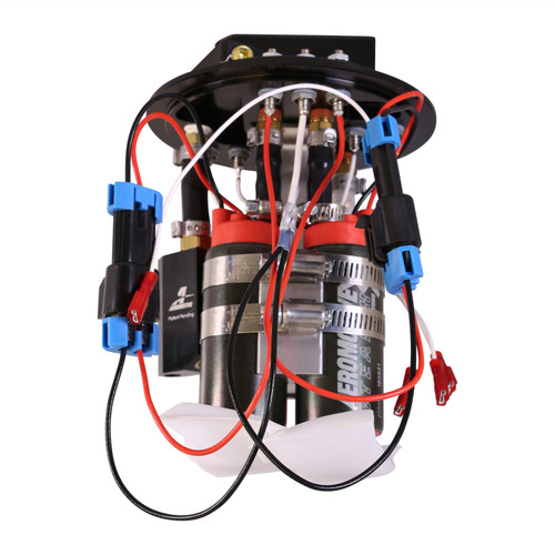 Aeromotive dual 340lph Stealth fuel system for Subaru WRX/STi, front view showing pumps, wiring, and mounting plate