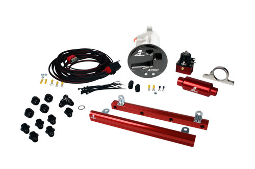 Aeromotive Stealth Fuel System kit for 05-09 Mustang GT 5.4L, showing A1000 pump, red fuel rails, regulator, fittings and wiring harness