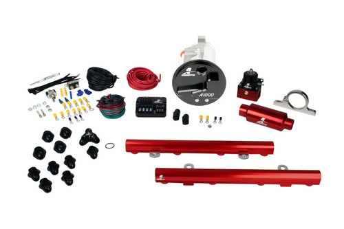 Aeromotive Stealth Fuel System kit for 05-09 Mustang GT 5.0L, showing pump, red fuel rails, wiring, fittings