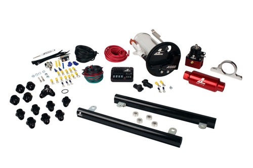 Aeromotive Stealth fuel system kit for 07-12 Shelby GT500, showing A1000 pump, fuel rails, regulator, fittings, wiring