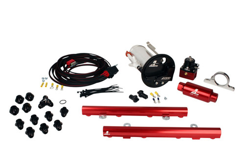 Aeromotive Stealth fuel system kit for GT500, showing A1000 pump, red fuel rails, regulator, fittings, wiring.