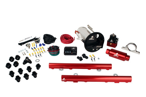 Aeromotive Stealth Fuel System kit for Mustang Shelby GT500, showing A1000 pump, red fuel rails, regulator, hoses and fittings