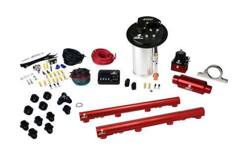 Aeromotive Stealth fuel system kit, red fuel rails, A1000 pump, wiring, fittings laid out flat