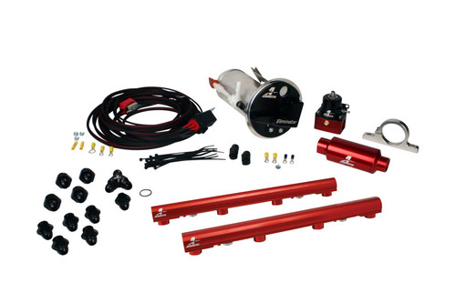 Aeromotive Stealth Eliminator fuel system kit, Mustang GT 4.6L, red fuel rails, pump, fittings, wiring shown