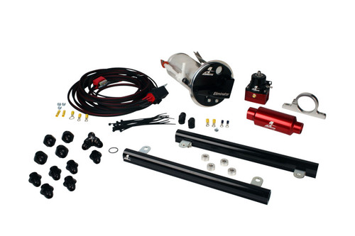 Aeromotive Stealth Eliminator fuel system kit for 05-09 Mustang GT 5.4L, showing pump, rails, regulator, and fittings