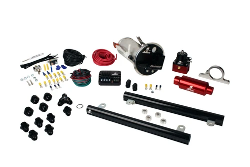 Aeromotive Stealth Eliminator fuel system kit, top view showing pump, rails, regulator, fittings and wiring
