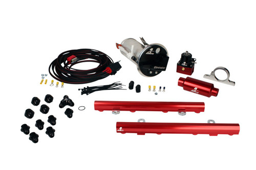 Aeromotive Stealth Eliminator fuel system kit for 05-09 Mustang GT, showing red fuel rails, regulator, pump, fittings and wiring harness