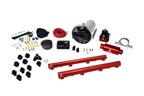 Aeromotive Stealth Eliminator fuel system kit with pump, fuel rails, regulator, wiring and fittings laid out