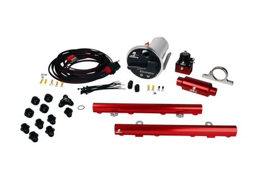 Aeromotive Stealth Eliminator fuel system kit, red fuel rails, pump canister, regulator, fittings and wiring harness