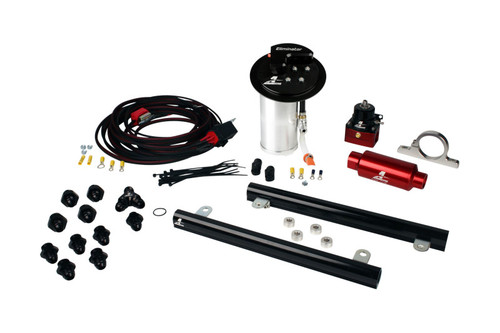 Aeromotive Stealth Eliminator fuel system kit, overhead view showing tank, fuel rails, regulator, wiring, fittings
