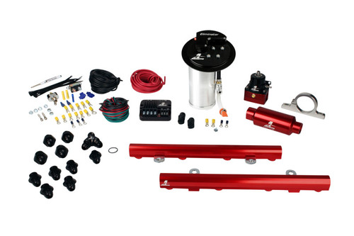 Aeromotive Stealth Eliminator fuel system for 2010-13 Mustang GT, fuel rails, pump, wiring and fittings laid out