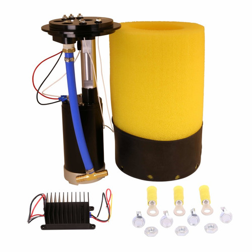 Aeromotive brushless gear fuel pump kit with yellow foam sock filter, controller module and mounting hardware