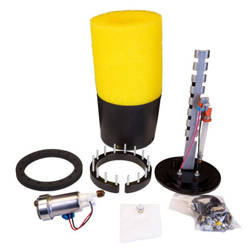 Aeromotive 450 fuel pump kit with yellow filter sock, mounting bracket, gasket and hardware, top view