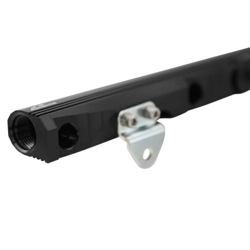 Aeromotive GM LS7 fuel rail in black, angled view showing threaded ports and steel mounting bracket