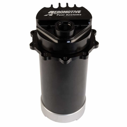 Aeromotive brushless spur gear in tank fuel pump, front view showing black cylindrical body and top fitting port