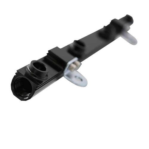 Aeromotive Ford 5.0L 4V fuel rail in black, angled view showing ports, mounting bracket, and fittings