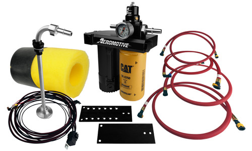 Aeromotive fuel pump kit for 03-07 Ford Powerstroke 6.0L, showing pickup tube, CAT filter, mounting brackets, hoses