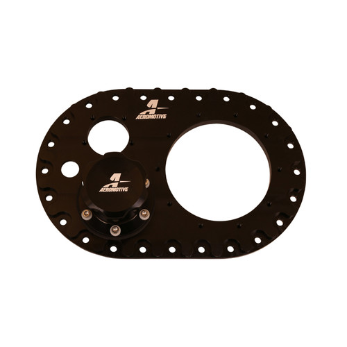 Aeromotive Mounting Plate/Standard Phantom fuel cell plate, black oval design with bolt holes, large center cutout and fuel pump port.