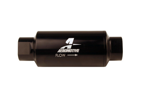 Aeromotive 10AN inline fuel filter, black anodized cylindrical body, front angle with flow arrow visible