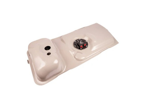Aeromotive Mustang fuel tank, top down angle showing fuel pump module and access ports, cream finish