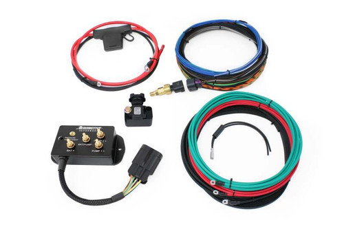 Aeromotive BoostWorx dual fuel pump PWM controller kit with wiring harness, relay, and sensor, top view