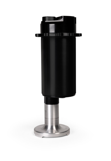 Aeromotive Spur Pro+ brushless gear fuel pump module, side view, black housing on aluminum fuel cell pickup base.