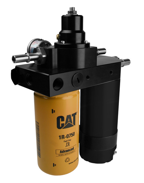 Aeromotive diesel lift pump, black manifold with CAT 1R-0750 fuel filter, side angle view showing fittings